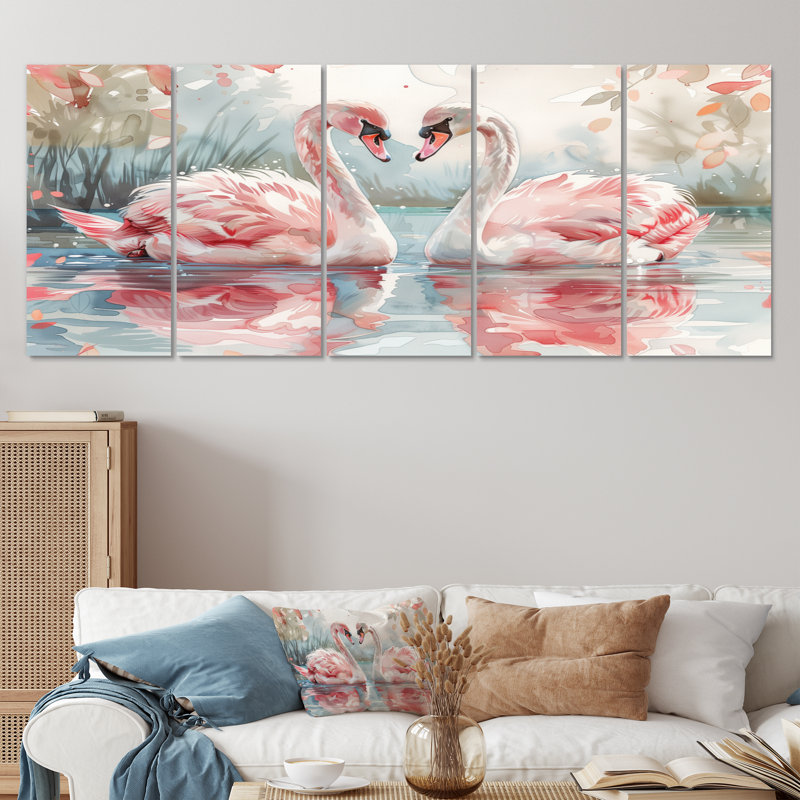 Rose, blanc, cygne, étang, romance II, H 32 po x l 80 po