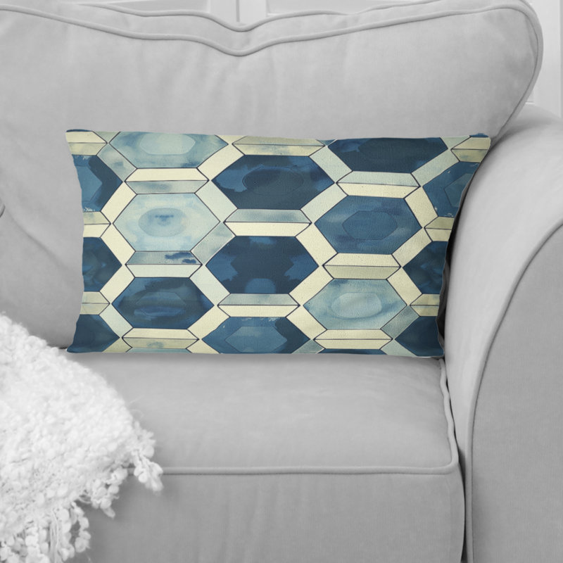Coussin lombaire Mid-Century à imprimé hexagonal bleu et beige Midcentury