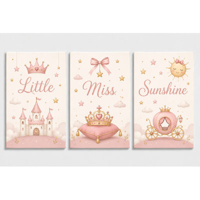 Grand ensemble de 3 art mural princesse chambre d'enfant rose couronne transport de bébé fille chambre décor féerique œuvre d'art de la chambre à coucher 16 x 24 pouces - prêt à accrocher