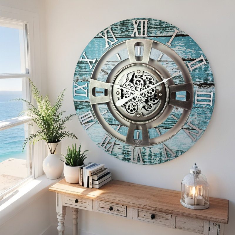 Solid Wood Wall Clock, Ocean Blue, Large 61cm