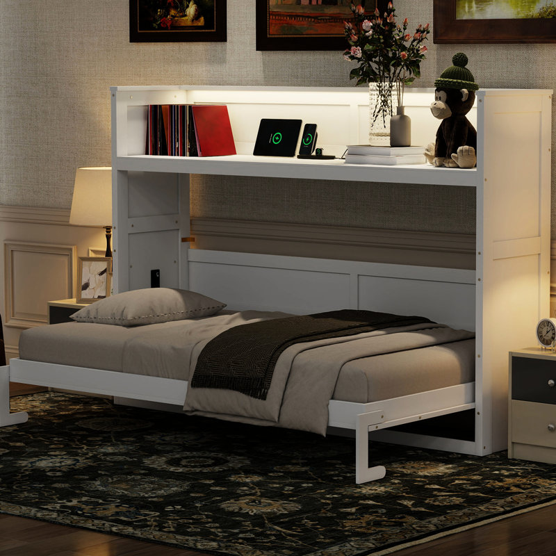 Lit simple TG avec bureau, conduit, charge. Blanc. Composé de bois massif et pour un bureau à domicile ou un bureau de chambre d'amis et de charge, la stabilité du cadre en pin est durable.