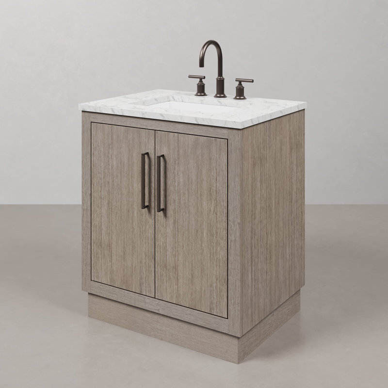 Hugo 30 In. Single Sink Carrara White Marble Countertop Vanity In Grey Oak With Gooseneck Faucet, Oil-Rubbed Bronze