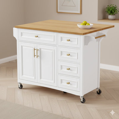 Îlot de cuisine de 52 pouces avec rallonge rabattable, surface texturée en relief, îlot roulant sur roulettes avec support à épices, porte-serviettes, 2 portes d'armoire et 5 tiroirs - chariot de rangement avec tablette réglable, finition blanche