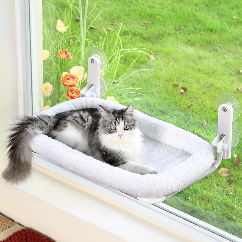 Large White Plush Cat Window Hammock with Metal Frame