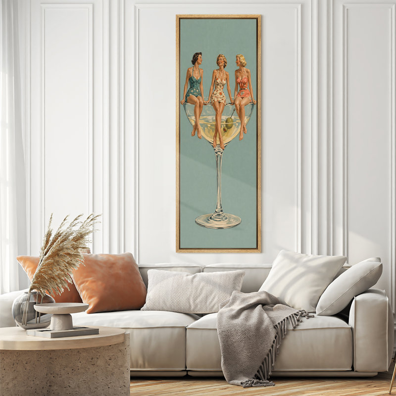 «Vintage Summer Cocktail With Women On Glass», œuvre d'art rétro moderne sur toile encadrée, 60" H x 20" W x 1.5" D, Natural