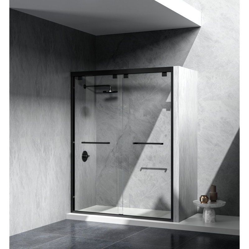 - W x 76'' H Double Added Door Semi-Frameless Shower Door with, Black