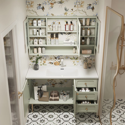 39.37"Light Green Rubberwood Freestanding Bathroom Washbasin Vanity With a Mirror Cabinet