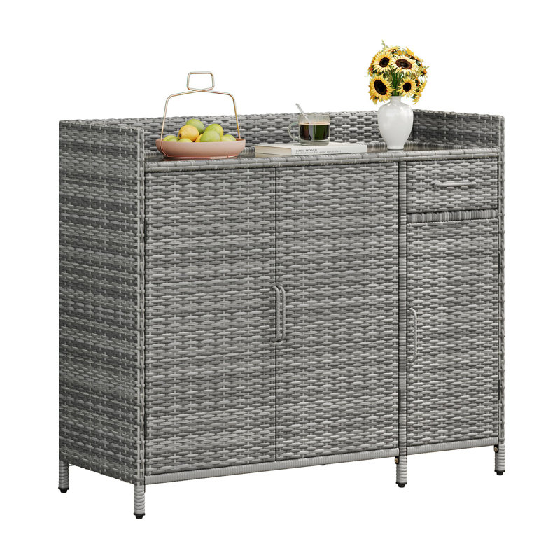 Outdoor Storage Cabinet With Tempered Glass Desktop And Three Doors, Gray