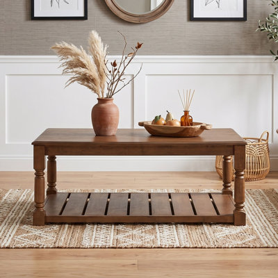 Farmhouse Rectangular Coffee Table with Turned Legs and Slatted Lower Shelf for Living Room