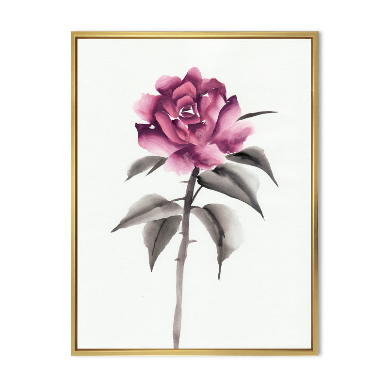 Fleur rose rétro - peinture sur toile, Toile encadrée d'or, H 40 po x l 30 po x P 1 po
