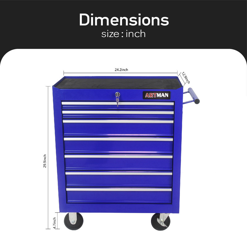 24.2'' W 7 -Drawer Steel Bottom Rollaway Chest with Wheels, Blue