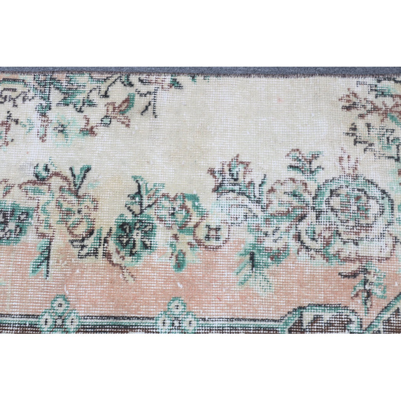 Delightful Vintage Turkish Door Mat Features Floral Design in Muted Pastel Colors for Entryway