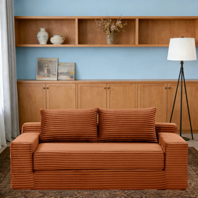 73" Orange Corduroy Floor Lounge Sofa Bed, Memory Foam, No Assembly