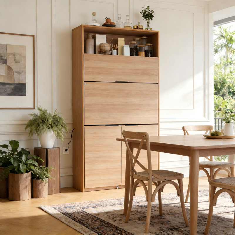 Buffet de cuisine compact autoportant avec huche, poste de travail rabattable et prise de courant intégrée, tablettes réglables, 35,8 po x 15 po x 69 po