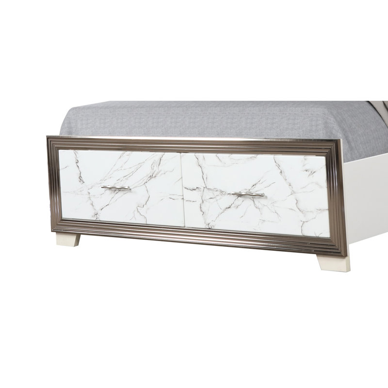 Structure de grand lit, tête de lit tapissier à conduit doux, rangement en marbre, finition blanche, décor de chambre à coucher moderne, fonction