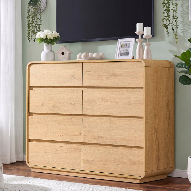 47.2“H Natural Curved 8-Drawer Dresser, Rustic Chest of Drawers, Farmhouse Storage Dresser for Bedroom Living Room, Natural