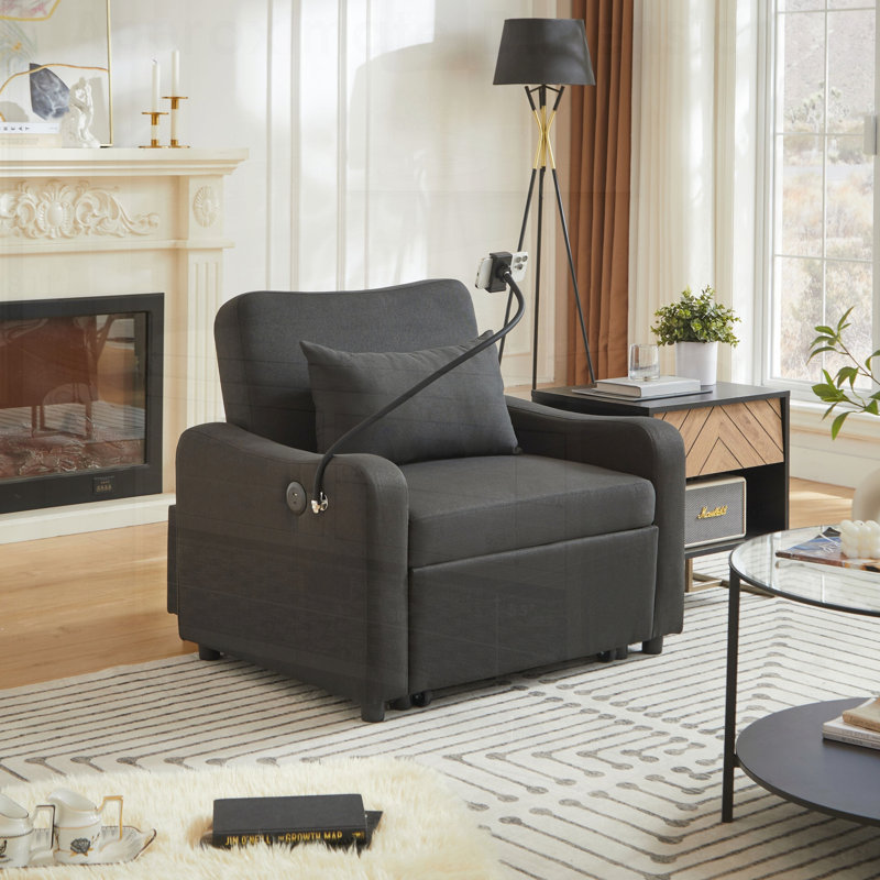 Fauteuil-canapé convertible 3 en 1 avec dossier réglable, support pour téléphone et chargement USB et Type-C, idéal pour les petits espaces et multifonctionnel.