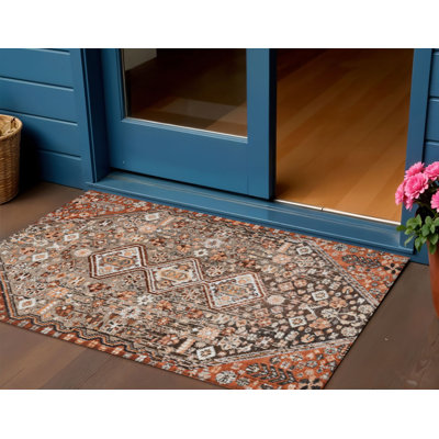 Tapis intérieur/extérieur lavable, brun et ivoire, motif aztèque, 90 x 150 cm