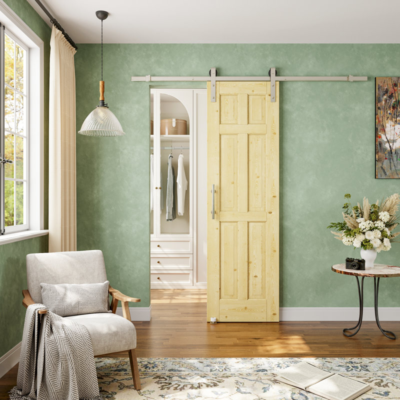 Pre-Assembled Solid Pine Wood 6-Panel Barn Door With Brushed Nickel Installation Hardware Kit, 80" H x 24" W