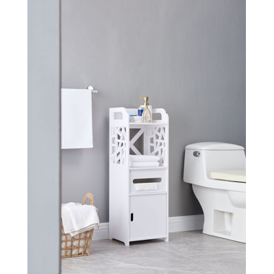 Larie Bathroom Floor Storage Cabinet with Adjustable Shelves and Shutter Style Doors for Organizing Towels Toiletries and Bathroom Supplies in a Compact White Freestanding Cabinet with Clean Design