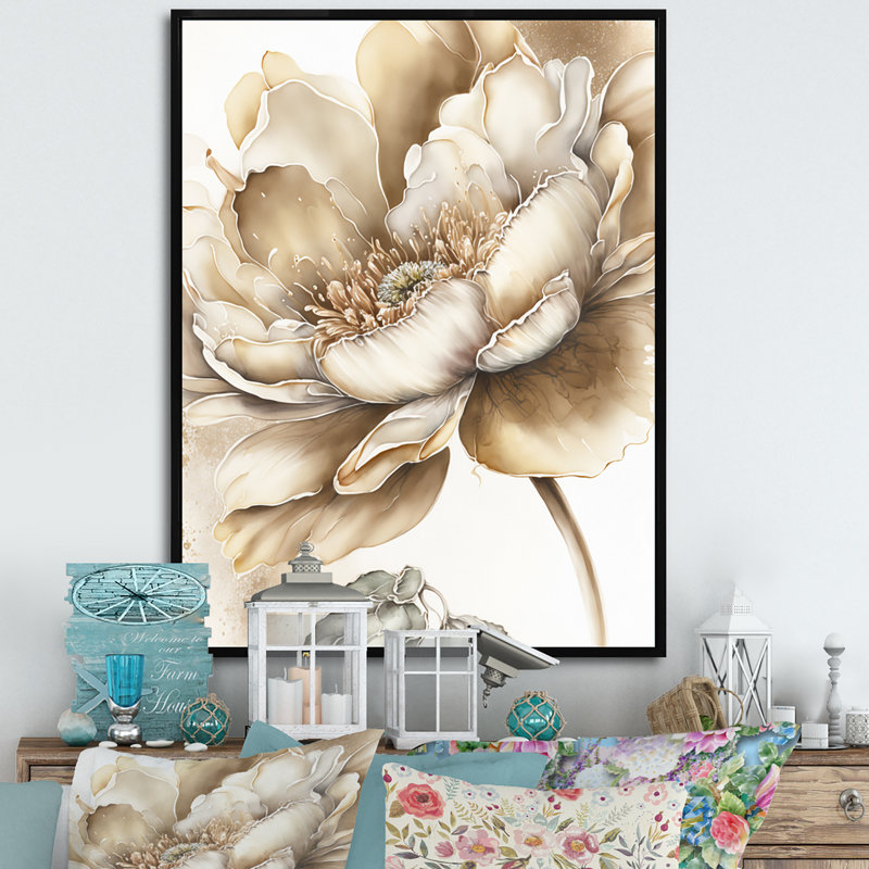 Indigold Beige Flower IV - Art mural sur toile floral et botanique, H 40 po x l 30 po x P 1,5 po, Cadre flottant noir