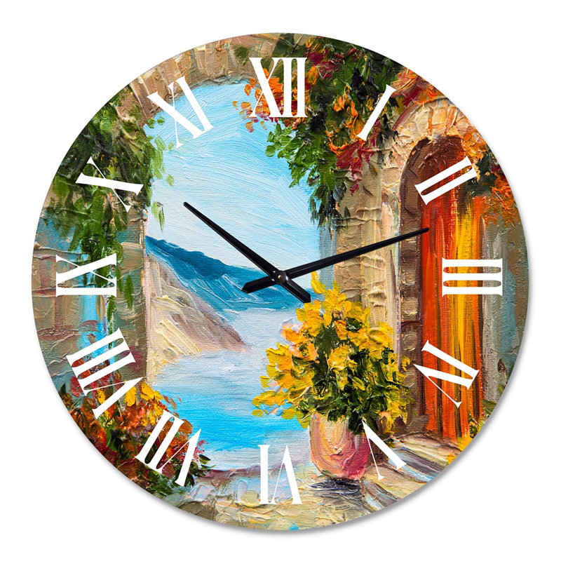 Maison près de la mer, fleurs colorées, mers d'été - horloge murale nautique et côtière, Grand