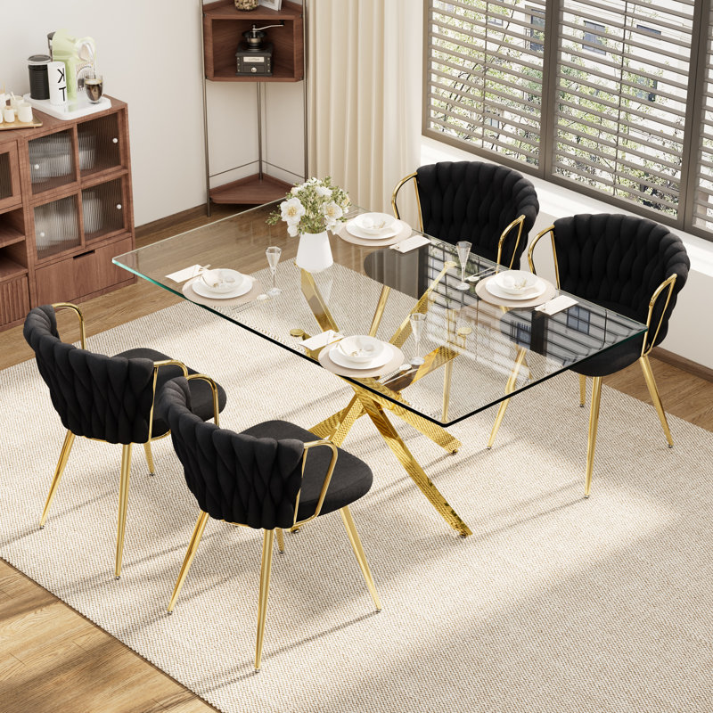 5-Piece Rectangle Glass Dining Table Set, Black, Gold, 29.5"H x 63"L x 31.5"W