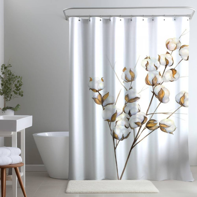 White Botanical – Cotton Flowers Home – Polyester Shower Curtain, Dye Sublimation Print, 71" W × 74" L, White/Brown Floral 17