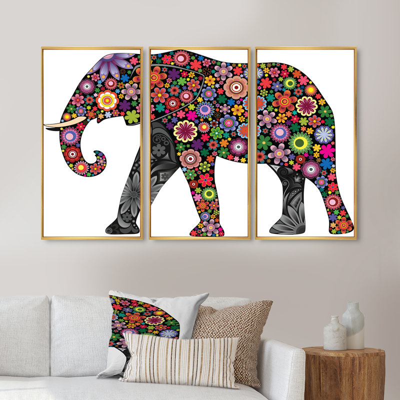 «Cheerful Elephant», ensemble d'art mural sur toile encadré 3 animaux, L 36 po x H 28 po, Or