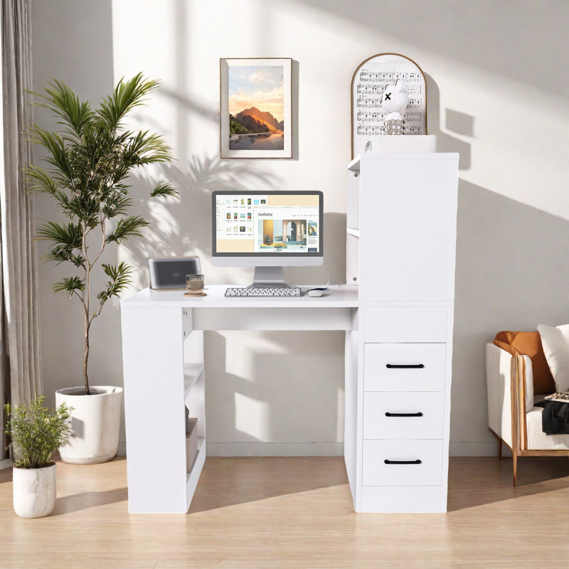 Modern Computer Desk With 4-in-1 Socket, 3 Slide Drawers And 4 Storage Levels