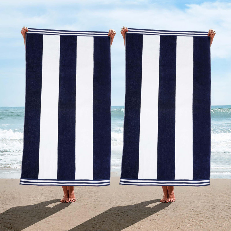 Calheta Cotton Oversized Cabana Stripe Beach Towels, Blue, 2