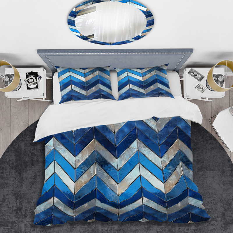 Ensemble de housse de couette moderne à chevrons bleu argenté et bleu métallique