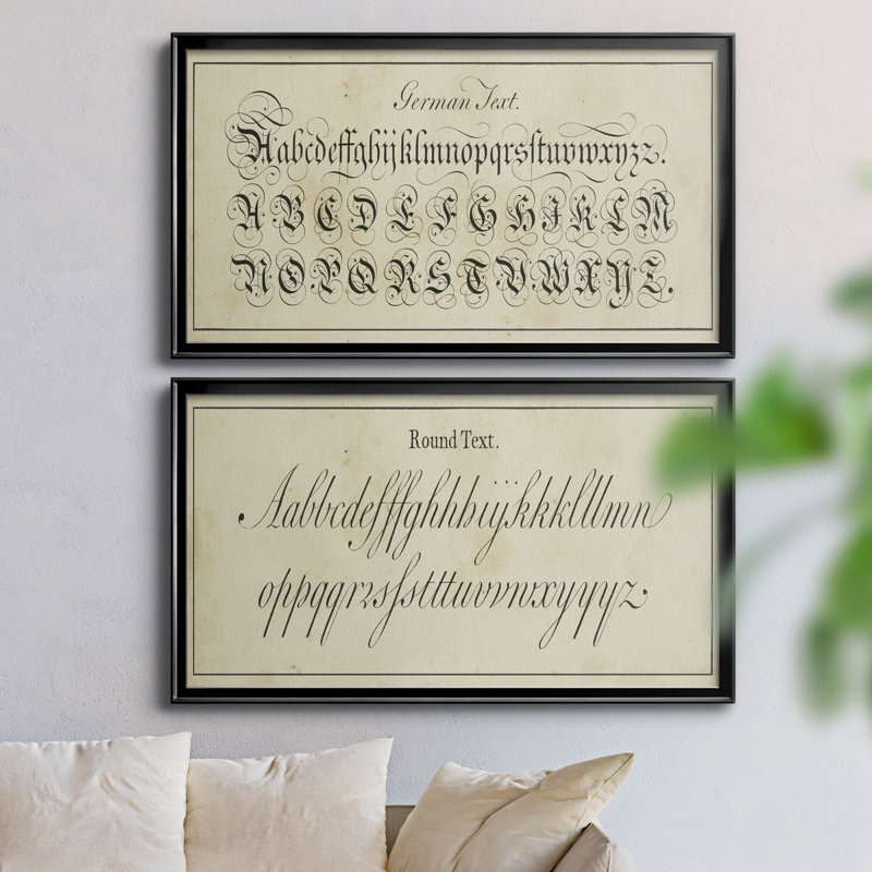 «Manuscript Sampler I», ensemble de 2 encadrements d'art textuel sur toile, H 21 po x l 18,5 po x P 1 po, Cadre noir
