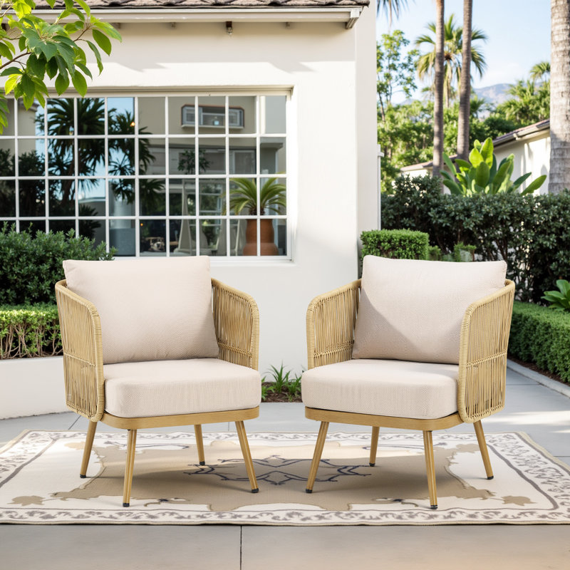 Beige Wicker Rattan Outdoor Dining Armchair with Cushions