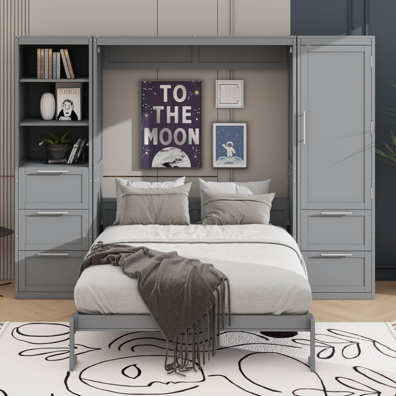 Grand lit escamotable mural avec garde-robe supplémentaire, Gris