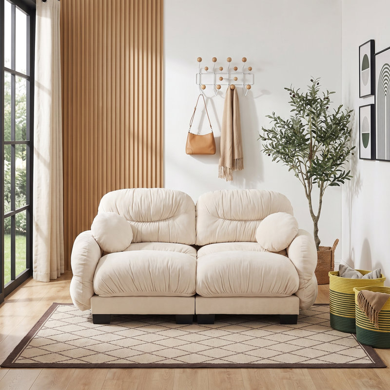 Canapé modulable deux places en chenille plissée avec siège ergonomique en mousse, accoudoirs incurvés et 2 coussins décoratifs