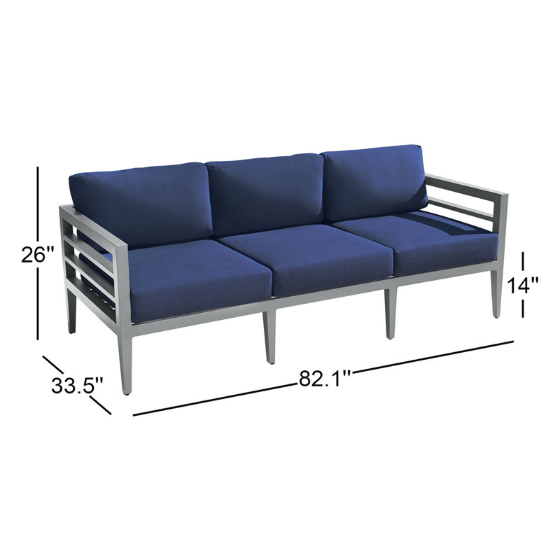 Canapé d'extérieur Winthrop de 32 po de largeur avec coussins Sunbrella, Structure grise / coussin bleu