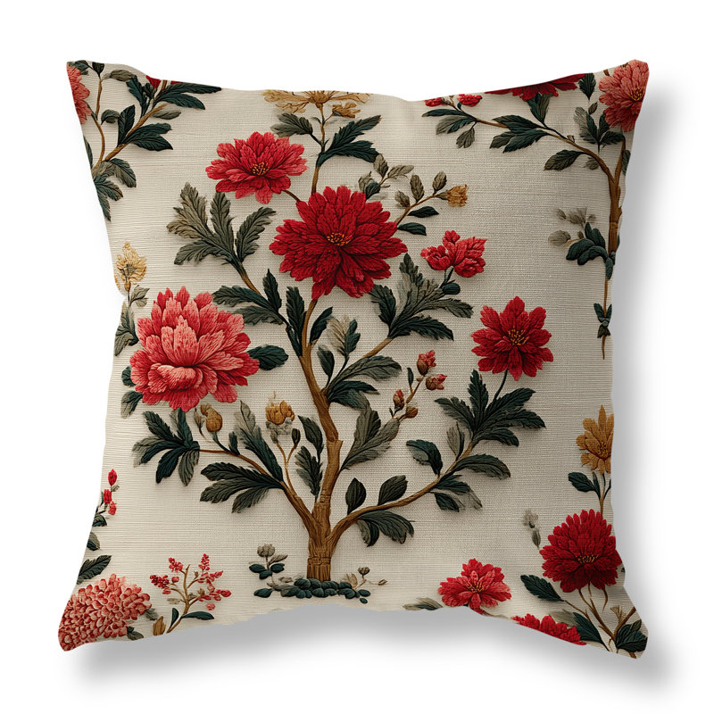 Embroidered Dahlia Trail Indoor/Outdoor 18x18, Square 18", Beige/Red
