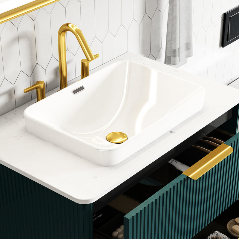 Élégant lavabo en céramique blanc brillant avec cuve intégrée, profondeur de 18,09 po, non poreux, coins arrondis pour la protection de l'utilisateur, lavabo encastré sans comptoir, hauteur de 6,57 po