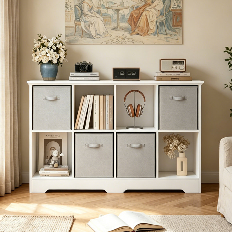 Bibliothèque cubique de 48 po de largeur à 8 cubes avec 4 bacs pliables en tissu, Blanc