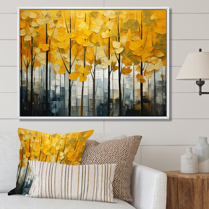 Collage de bois jaune Marjut Forest I - impression, H 30 po x l 40 po, Encadrement doré