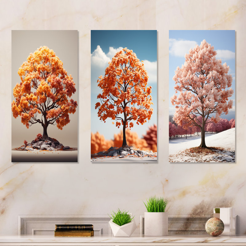 Soft Neutral Tones Maple Tree - Tree Maple Metal Prints Set Of 3, 28" H x 36" W