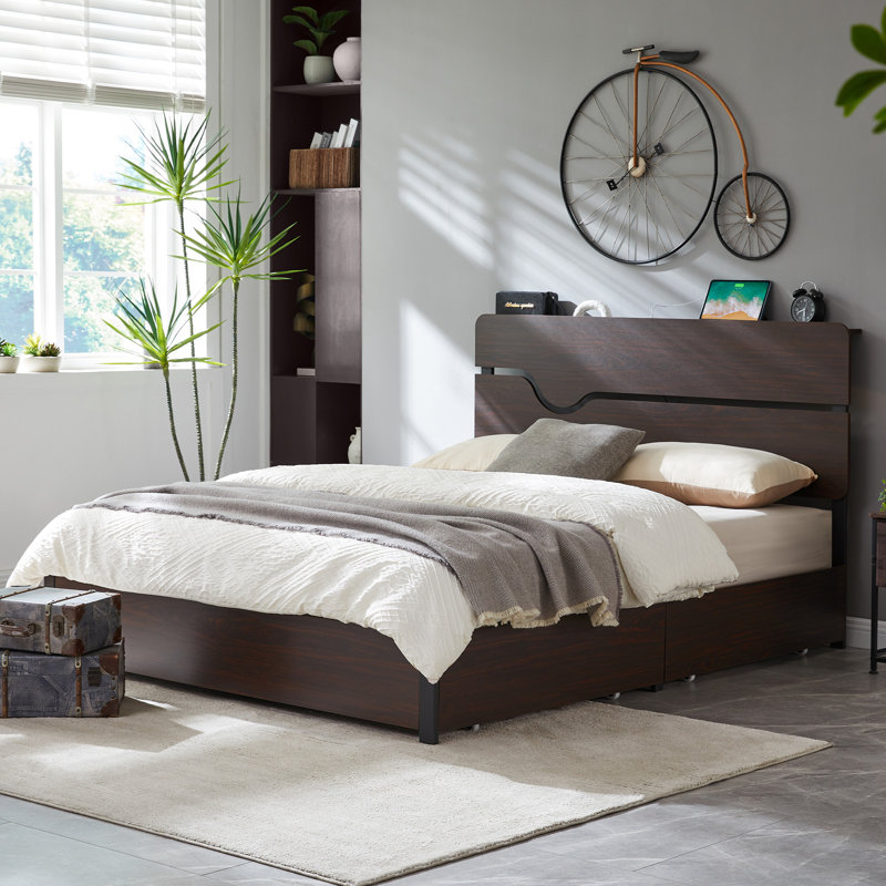 Walnut Wooden Bed with Headboard,USB Port,4 Storage Drawers, Queen