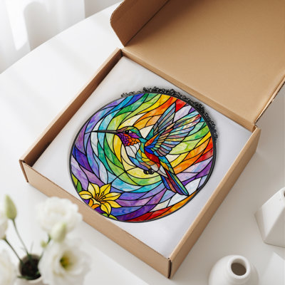 7.8"H Hummingbird Rainbow Stained Glass Window Panel
