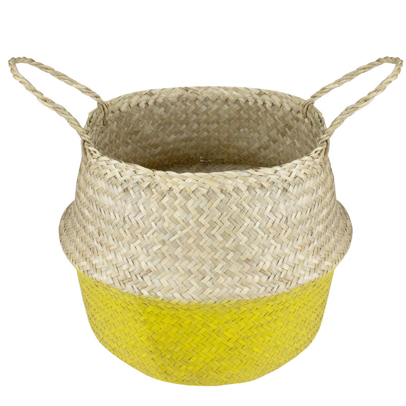 Beige and Yellow Seagrass Belly Basket with Handles