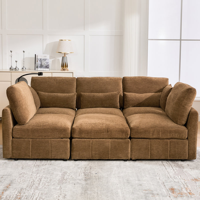Brown 85.4" Multi - Functional Modular Sectional With Charging Ports, Phone Holder, And Lumbar Pillows For Contemporary Home Decor L Shaped Movable , Ergonomic Flexible Furnishing