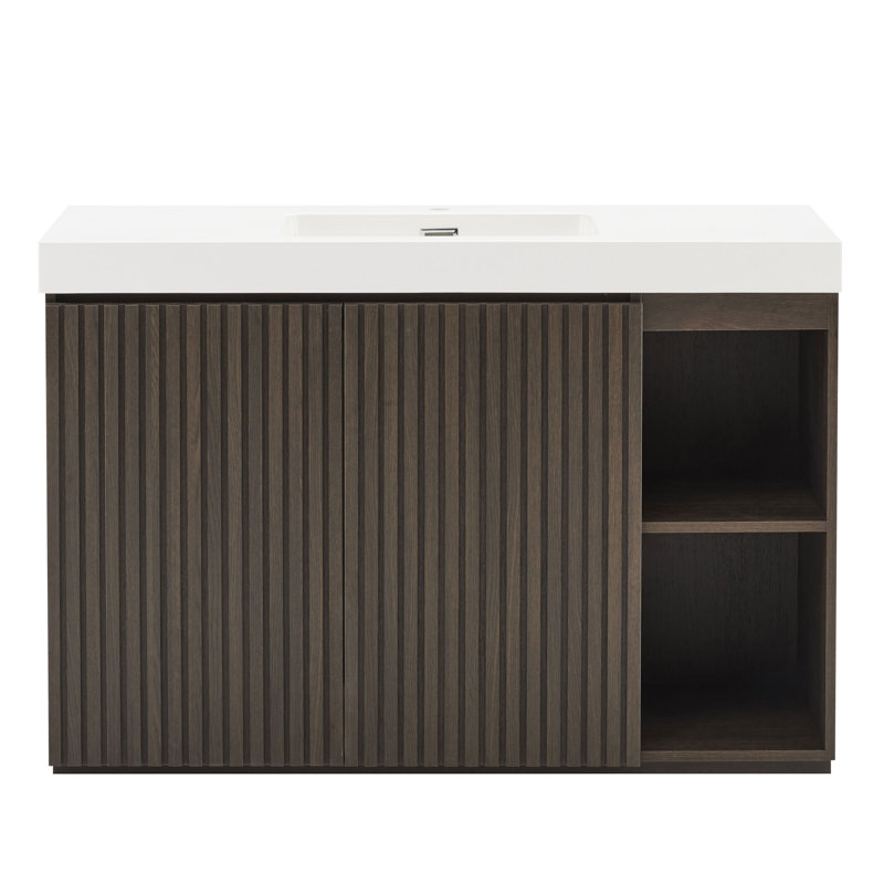 Meuble-lavabo simple 48 po avec surface solide, 48", Blanc / Brun foncé, Monotrou