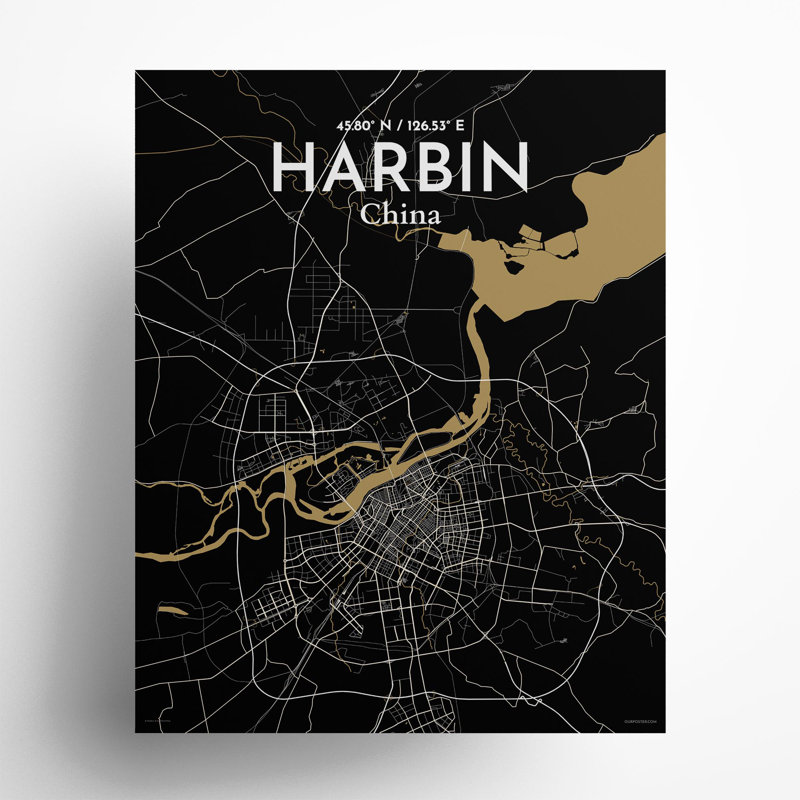 «Harbin City Map», impression, Noir / or, H 20 po x l 16 po