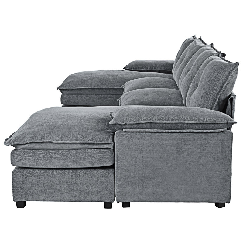 U-Shaped Sectional Sofa With Adjustable Armrest Pillows, Gray Polyester