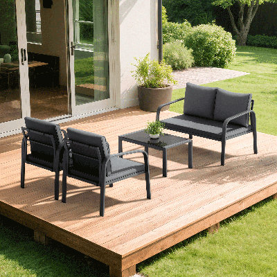 Steel Frame Patio Furniture Set with 2 Chairs 1 Loveseat & Tempered Glass Coffee Table - 4-Piece Outdoor Conversation Set with Teslin Cloth Cushions for Backyard Garden or Patio